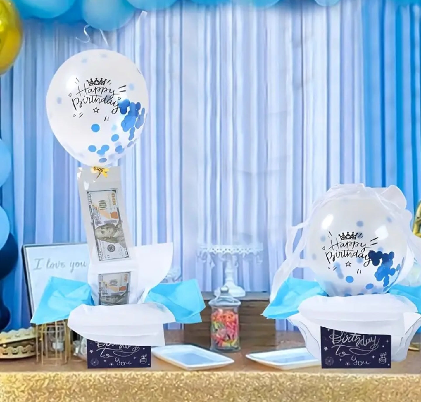 surprise money gift box with balloon blue